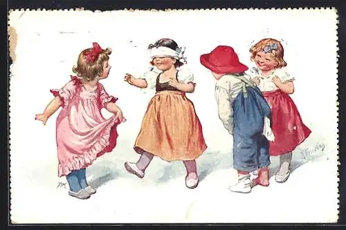 Künstler-AK Karl Feiertag: Kinder spielen Blinde Kuh
