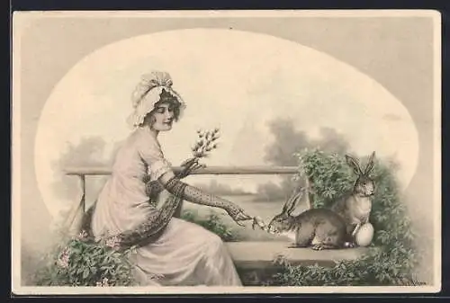 Künstler-AK Wichera: Fräulein füttert Osterhasen