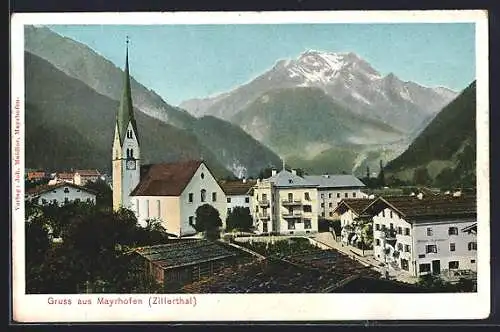 AK Mayrhofen /Zillertal, Ortspartie mit Kirche