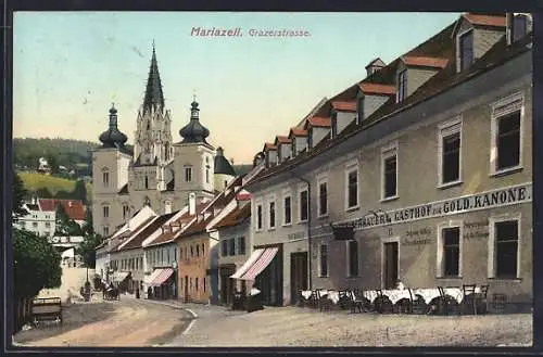 AK Mariazell, Grazerstrasse mit Gasthof zur goldenen Kanone