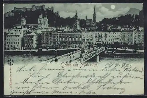 Mondschein-AK Salzburg, Teilansicht mit Brücke und Festung