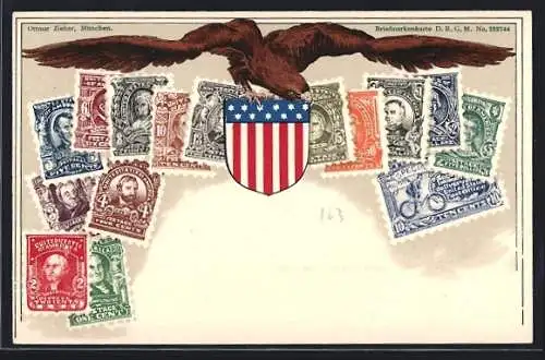 AK USA, Adler über Briefmarken, Wappen