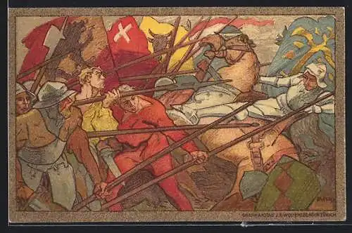 AK Schweizer Bundesfeier 1911, Schlachtszene, Ritter wird vom Pferd geworfen