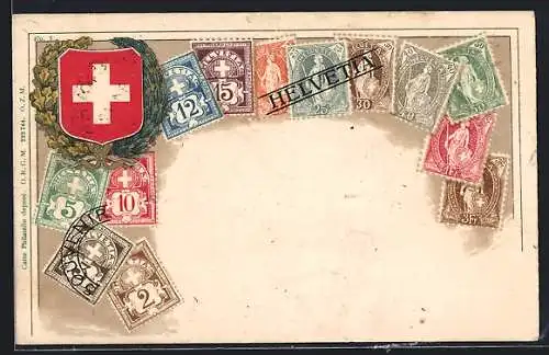 AK Schweizer Briefmarken und Wappen
