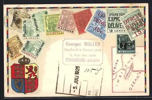 AK Mauritius, Wappen, Briefmarken und Landkarte
