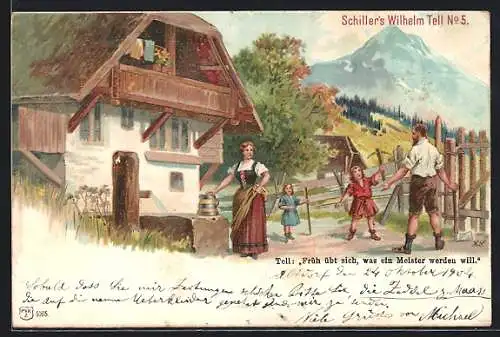 Lithographie Schiller`s Wilhelm Tell Nr. 5: Früh übt sich was ein Meister werden will.