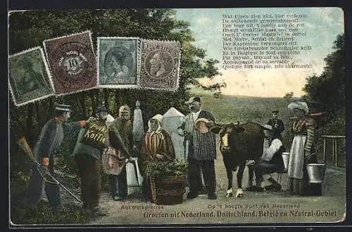 AK Kontrolle an der Grenze Niederlande, Belgien, Deutschland, Neutrales Gebiet, versch. Briefmarken
