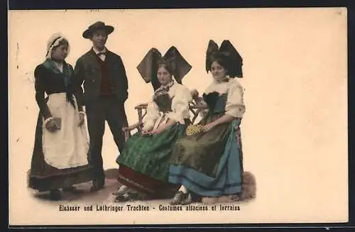 AK Mann und Frauen in elsass-lothringischer Tracht