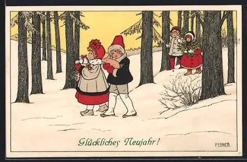 Künstler-AK Pauli Ebner: Glückliches Neujahr!, Kinder mit Geschenken im Schnee