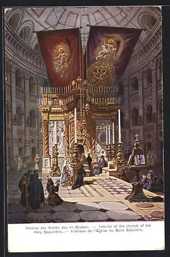 Künstler-AK Friedrich Perlberg: Palästina, Inneres der Kirche des heiligen Grabes, Church of the Holy Sepulchre