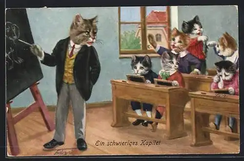 AK Vermenschlichte Katzen folgen dem Schulunterricht mehr oder weniger aufmerksam