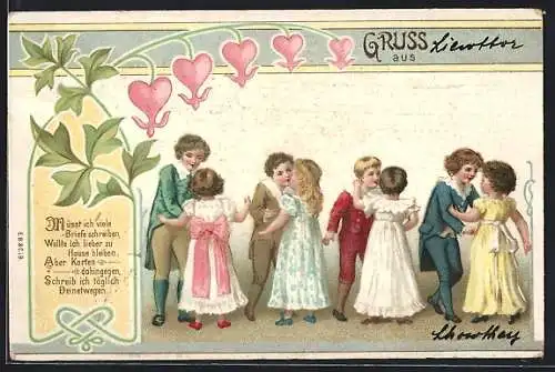 Lithographie Tanzende Kinder, Blumen mit Herzen, Sinnspruch