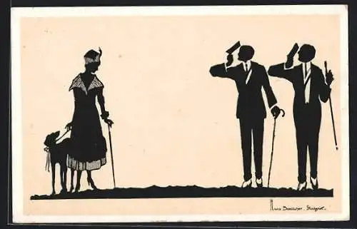 Künstler-AK Hans Boettcher: Schattenbild, Zwei Herren grüssen Frau mit Hund