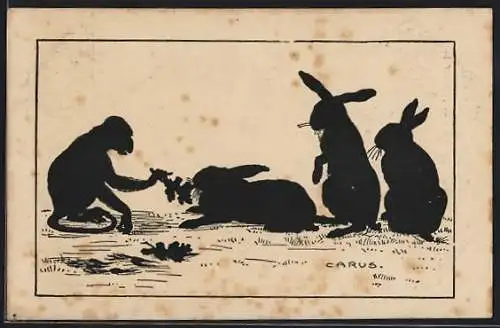 Künstler-AK Carus: Affe füttert Hasen, Schattenbild