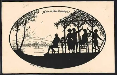 Künstler-AK Elsbeth Forck: Feiernde Menschen vor Stadtpanorama, Schattenbild