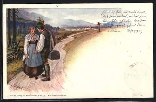 Künstler-AK E. Döcker: Trachtenpaar vor dem Alpendorf