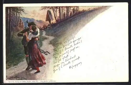 Künstler-AK E. Döcker: Küssendes Pärchen auf einem Waldweg