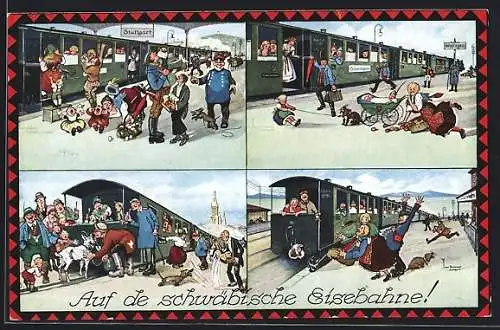 Künstler-AK Hans Boettcher: Auf de schäbische Eisebahne