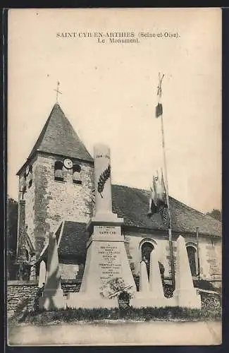AK Saint-Cyr-en-Arthies, Le Monument et l`église en arrière-plan