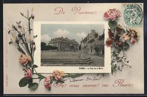 AK Viarmes, La Place de la Mairie avec décor floral