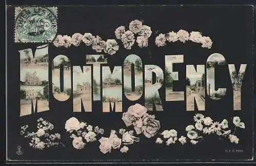 AK Montmorency, Motifs floraux et paysages intégrés dans les lettres