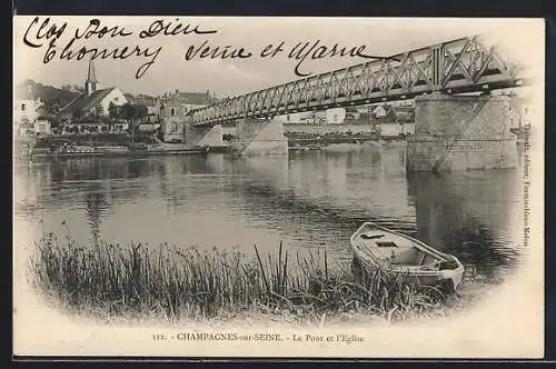 AK Champagnes-sur-Seine, Le Pont et l`Église