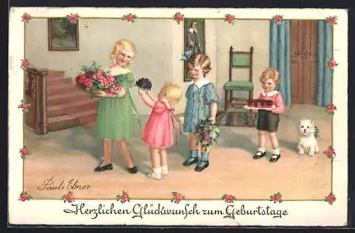 Künstler-AK Pauli Ebner: Kinder tragen Blumensträusse und einen Kuchen, Hund
