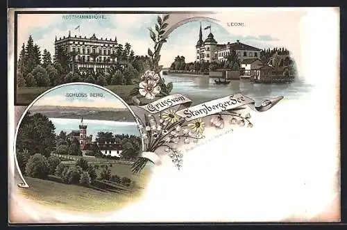 Lithographie Berg / Starnberger See, Rottmannshöhe, Leoni, Schloss Berg