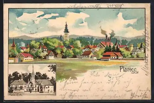 Künstler-AK Planegg, Ortsansicht mit Kirche