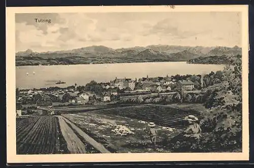AK Tutzing, Frau mit Kind vor dem Ort