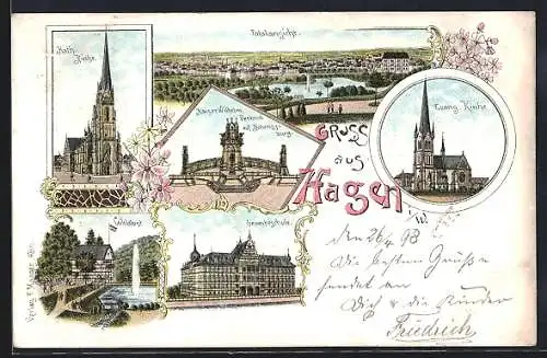 Lithographie Hagen i. W., Gasthaus Waldlust, Kaiser Wilhelm-Denkmal, Gewerbeschule