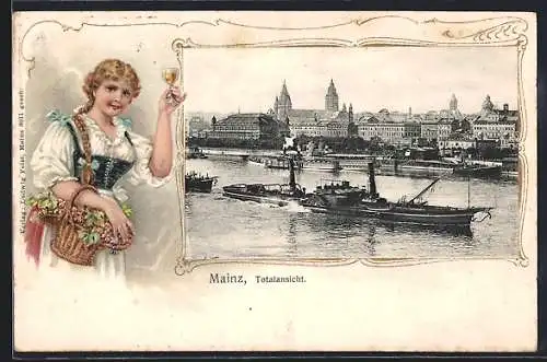 Passepartout-Lithographie Mainz, Hafenpartie mit Schiffen, Frau mit Weinglas & Korb
