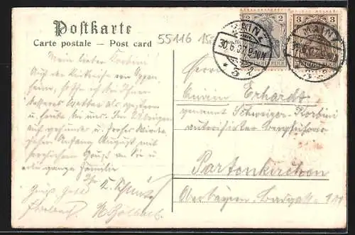 Passepartout-Lithographie Mainz, Hafenpartie mit Schiffen, Frau mit Weinglas & Korb