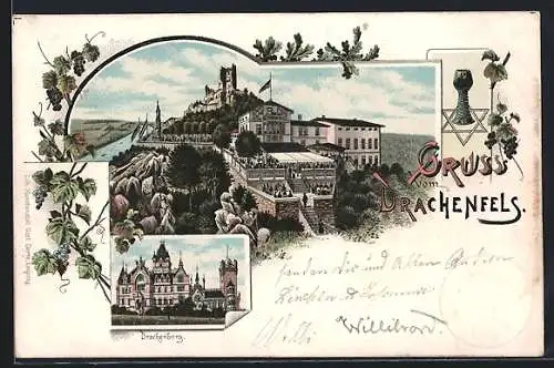 Lithographie Königswinter, Drachenburg auf dem Drachenfels, Mann mit Gitarre
