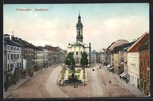 AK Traunstein, Stadtplatz mit Kirche