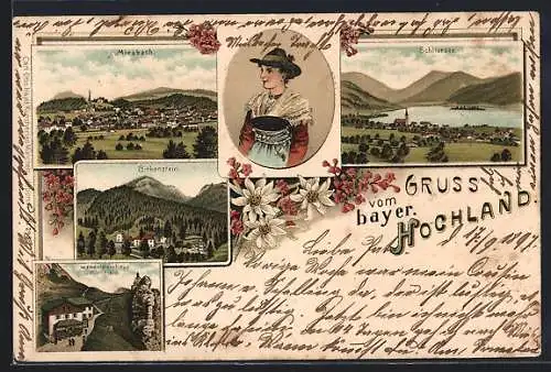 Lithographie Miesbach, Teilansicht, Wendelsteinhaus und Kirchlein, Schliersee