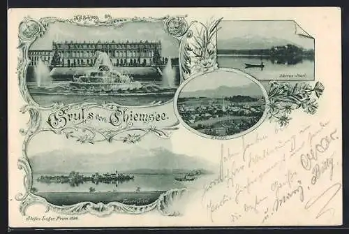 AK Chiemsee, Schloss Herrenchiemsee, Frauen-Insel, Herren-Insel im Passepartout mit Blumen