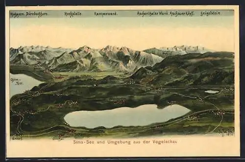 Künstler-AK Eugen Felle: Riedering, Sims-See und Umgebung aus der Vogelschau