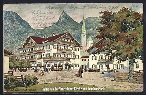 AK Dorf Kreuth, Ortspartie mit Kirche und Leonhardstein