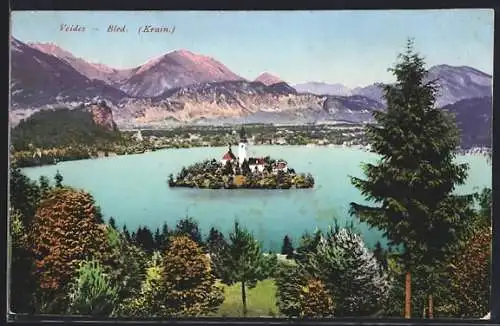 AK Bled / Veldes, Blick auf die Insel mit Kirche