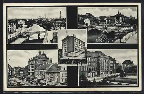 AK Pilsen, Ortspartie mit Brücke, Geschäftshaus und Strasse mit Geschäften