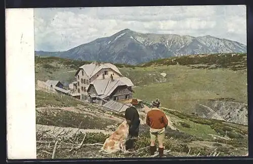 AK Ottohaus Schutzhaus mit Wanderern und Hund