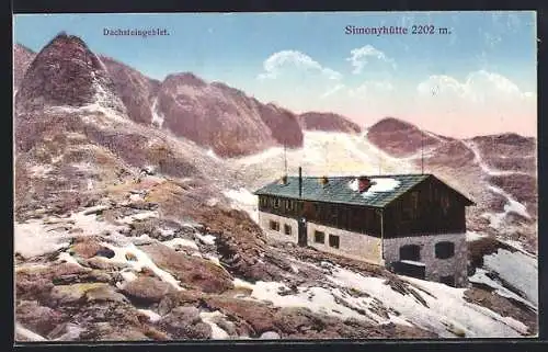 AK Simonyhütte, Aussenansicht mit Blick zum Dachsteingebiet