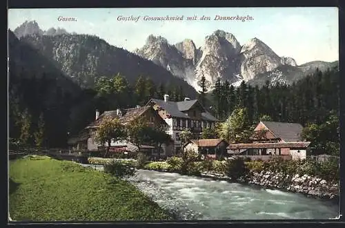 AK Gosau, Gasthof Gosauschmied und Blick auf die Donnerkogln