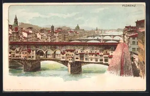 Lithographie Florenz, Teilansicht mit Brücke