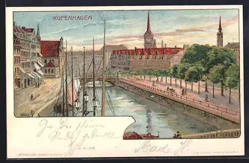Künstler-AK Richard Hegedüs-Geiger: Kopenhagen, Ortspartie mit Kanalpromenade und Häusern