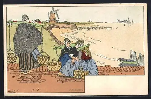 Künstler-AK H. Cassiers: Vlissingen, Holländer am Meer, Windmühle