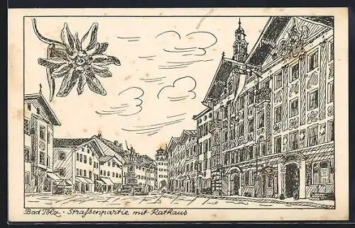 Künstler-AK Bad Tölz, Strassenpartie mit Rathaus