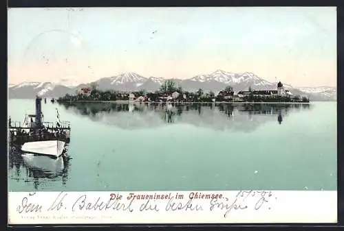 AK Fraueninsel, Panorama mit Raddampfer