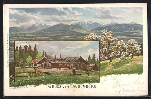 Künstler-AK Warngau, Restuarant Taubenberg, Partie am Ortsrand